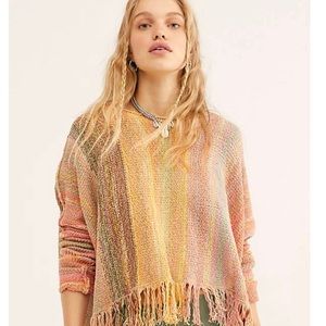 Free People Radiate Striped Fringed Pullover Drop Shoulder Long Sleeve Sweater